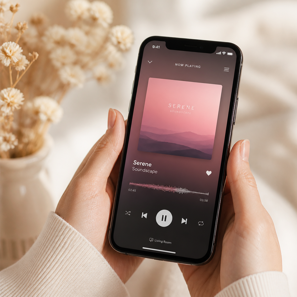 Celular exibindo a página da música personalizada com player e letra